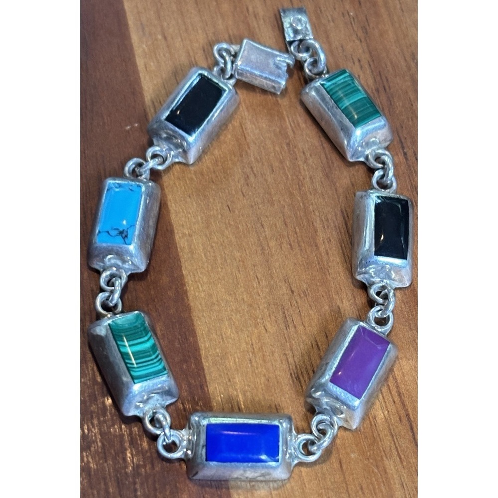 Vintage Mexico Sterling Silver Turquoise Jade Onyx Link Bracelet 7.5" 36 Grams